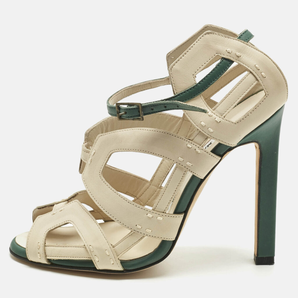 Manolo Blahnik White/Green Leather Strappy Ankle Strap Sandals Size 36.5 Manolo Blahnik White/Green Leather Strappy Ankle Strap Sandals Size 36.5