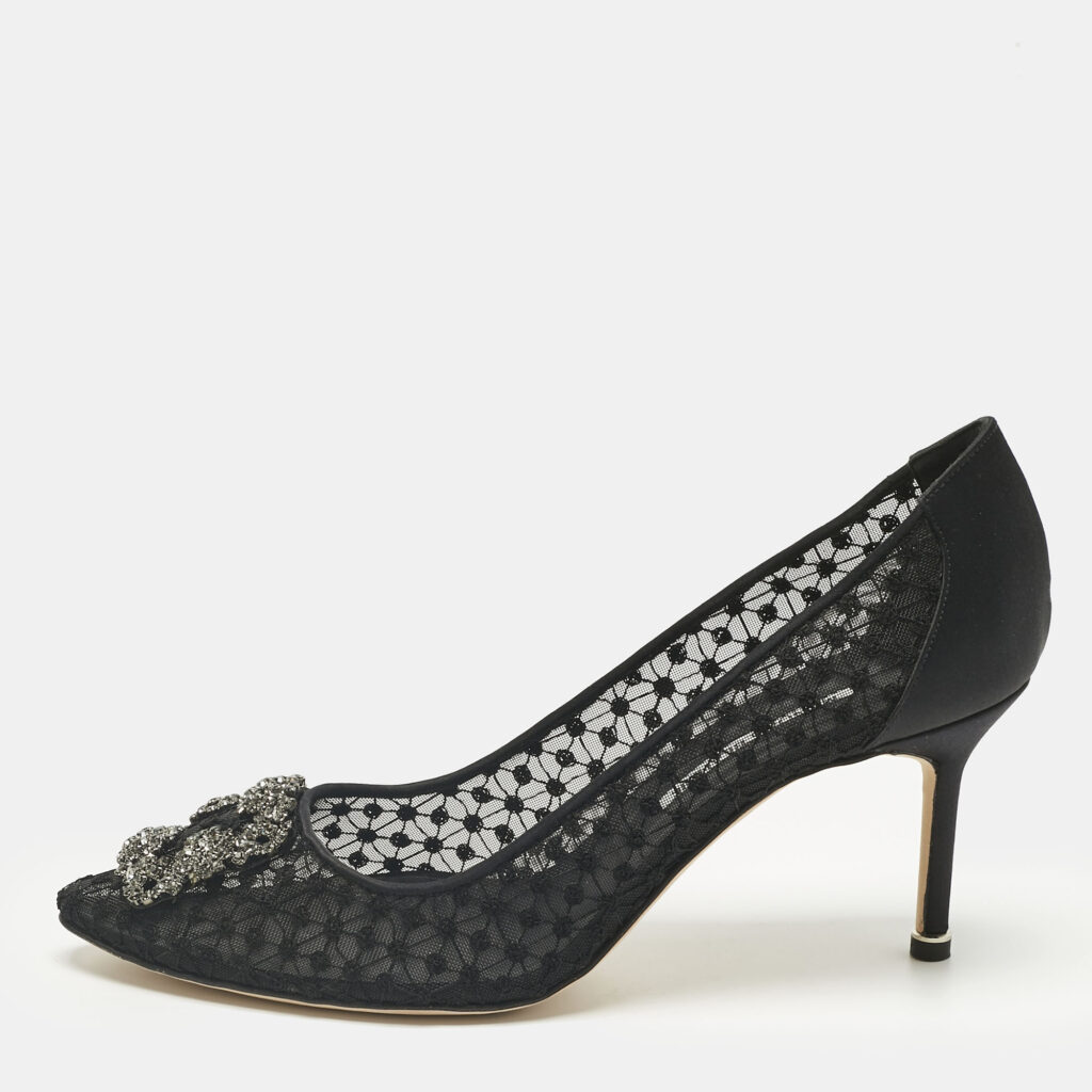Manolo Blahnik Black Mesh and Satin Hangisi Pumps Size 42