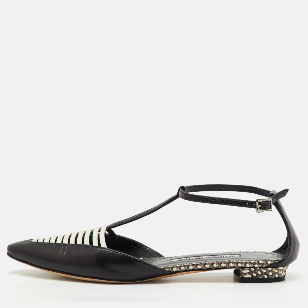 Manolo Blahnik Black/White Leather Carolyne Flat Strappy Sandals Size 36 Manolo Blahnik Black/White Leather Carolyne Flat Strappy Sandals Size 36