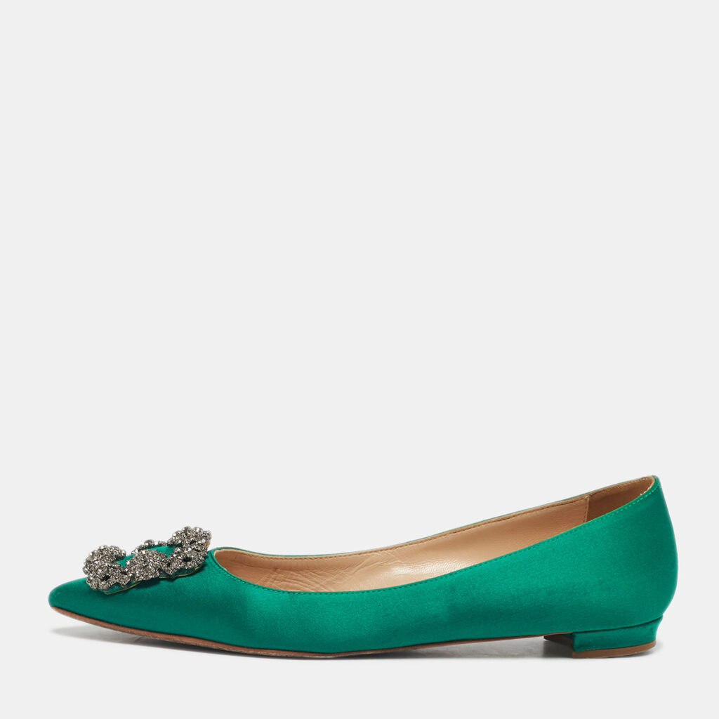 Manolo Blahnik Green Satin Hangisi Ballet Flats Size 37.5
