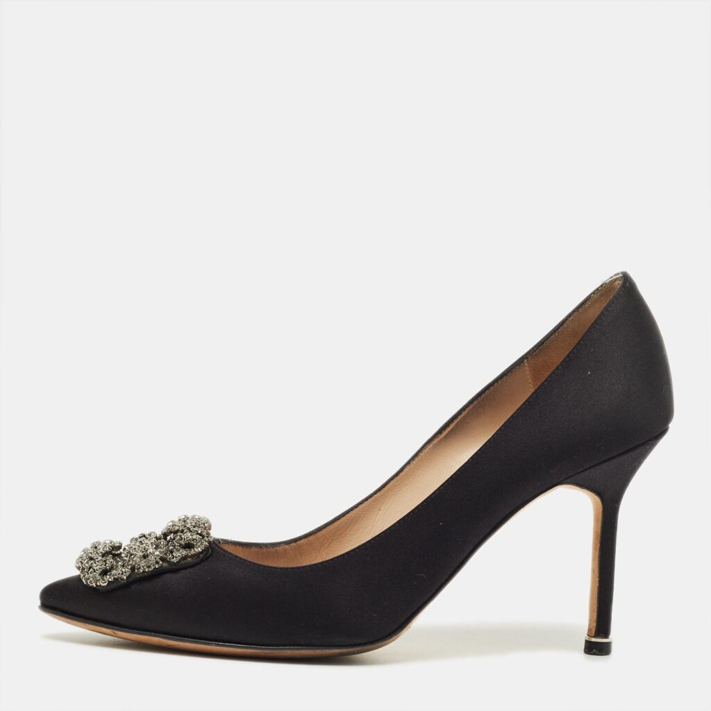 Manolo Blahnik Black Satin Hangisi Crystal Embellished Pumps Size 38.5