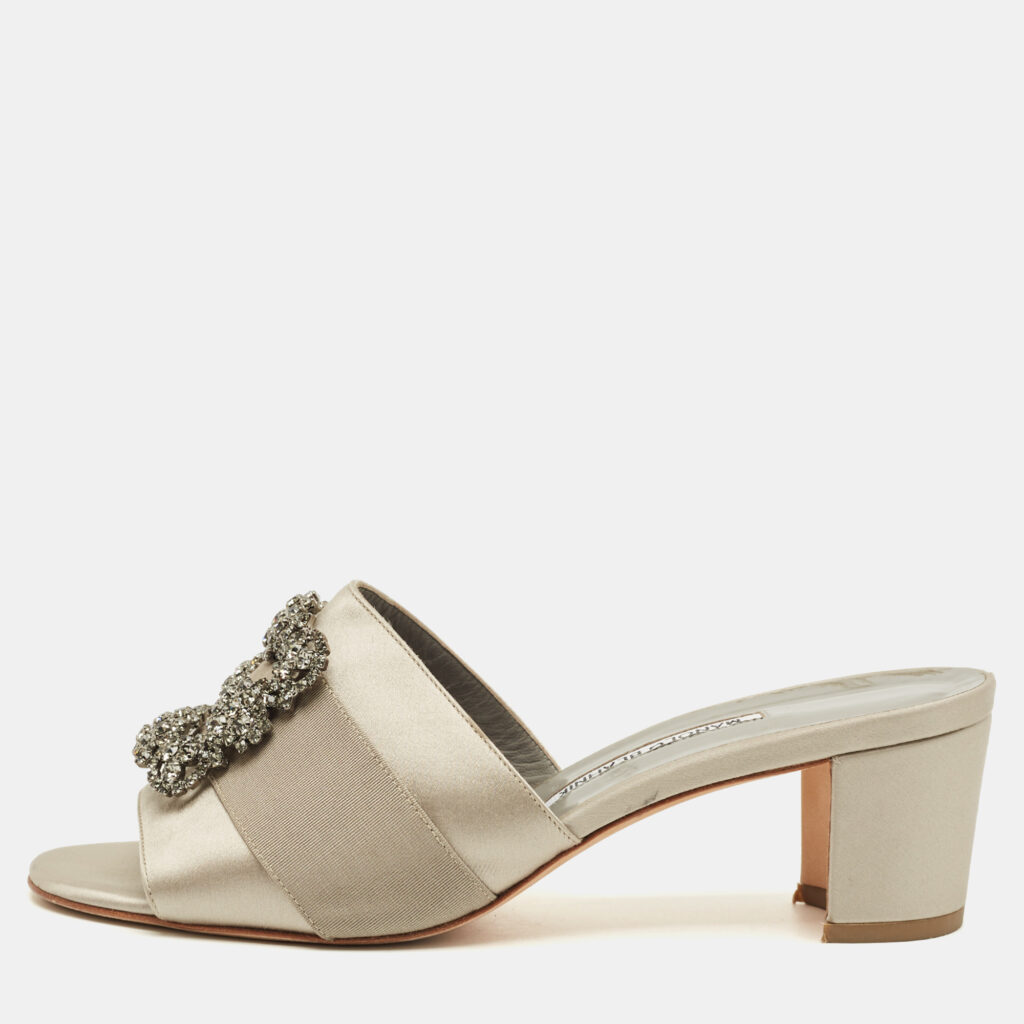 Manolo Blahnik Grey Satin Martamod Slide Sandals Size 40.5