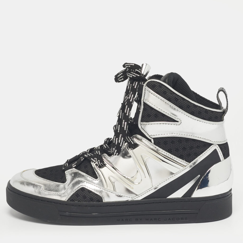 Marc by Marc Jacobs Silver/Black Leather and Fabric High Top Sneakers Size 36 Marc by Marc Jacobs Silver/Black Leather and Fabric High Top Sneakers Size 36