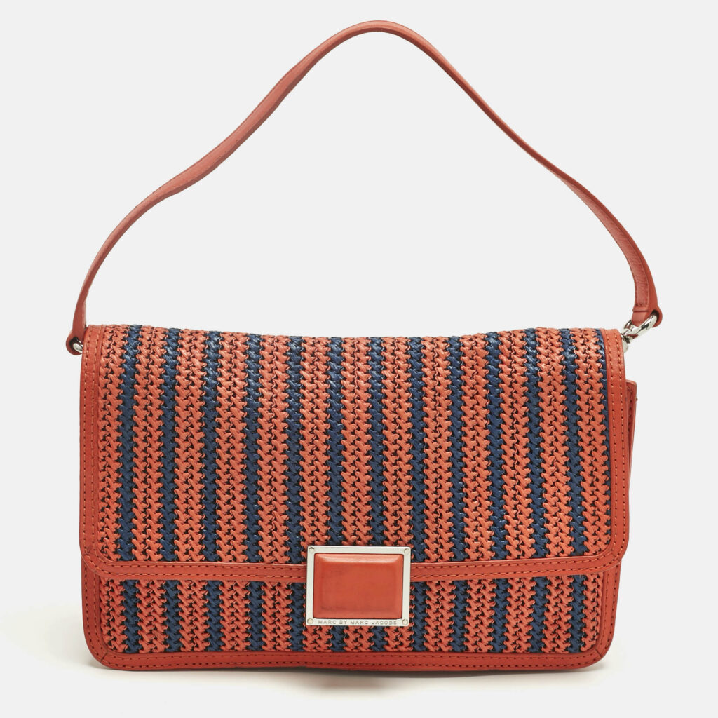 Marc by Marc Jacobs Red/Blue Woven Straw and Leather Flap Shoulder Bag Marc by Marc Jacobs Red/Blue Woven Straw and Leather Flap Shoulder Bag