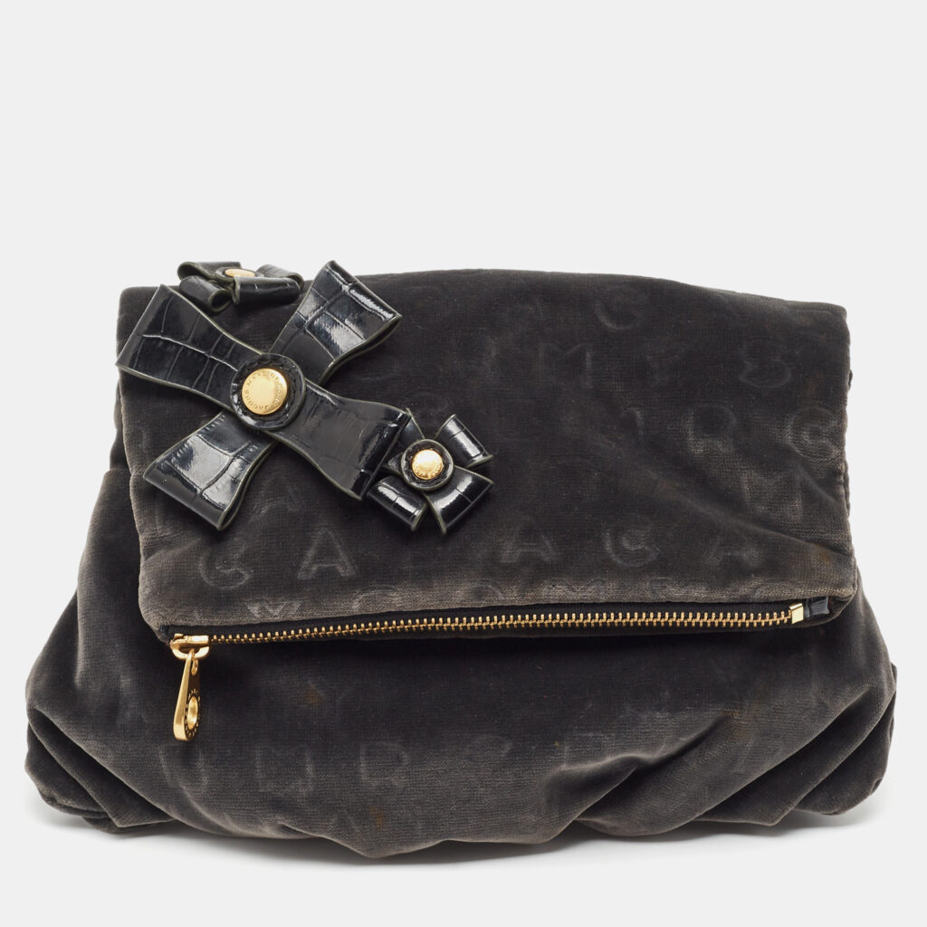 Marc by Marc Jacobs Grey/Black Velvet and Croc Embossed Leather Bow Fold Over Clutch Marc by Marc Jacobs Grey/Black Velvet and Croc Embossed Leather Bow Fold Over Clutch