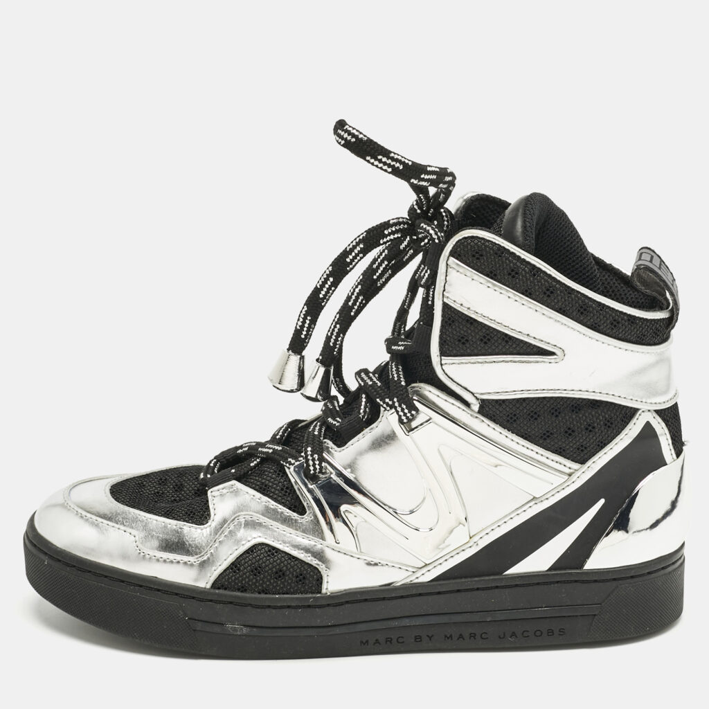 Marc by Marc Jacobs Silver/Black Leather and Fabric High Top Sneakers Size 36 Marc by Marc Jacobs Silver/Black Leather and Fabric High Top Sneakers Size 36