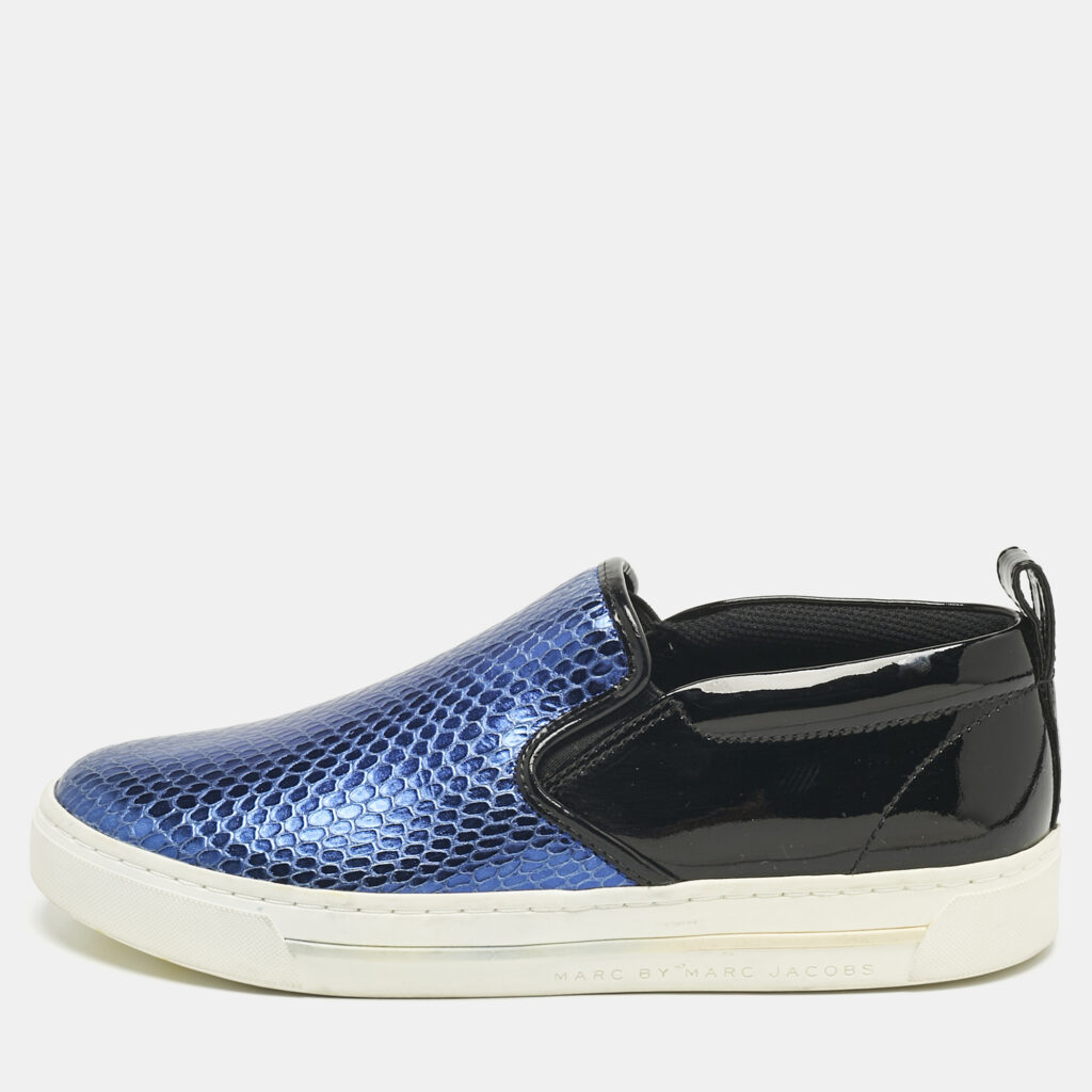 Marc by Marc Jacobs Blue/Black Snakeskin Embossed and Leather Broome Slip On Sneakers Size 36