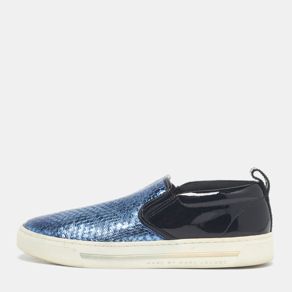 Marc by Marc Jacobs Blue/Black Snakeskin Embossed and Patent Leather Broome Slip On Sneakers Size 36