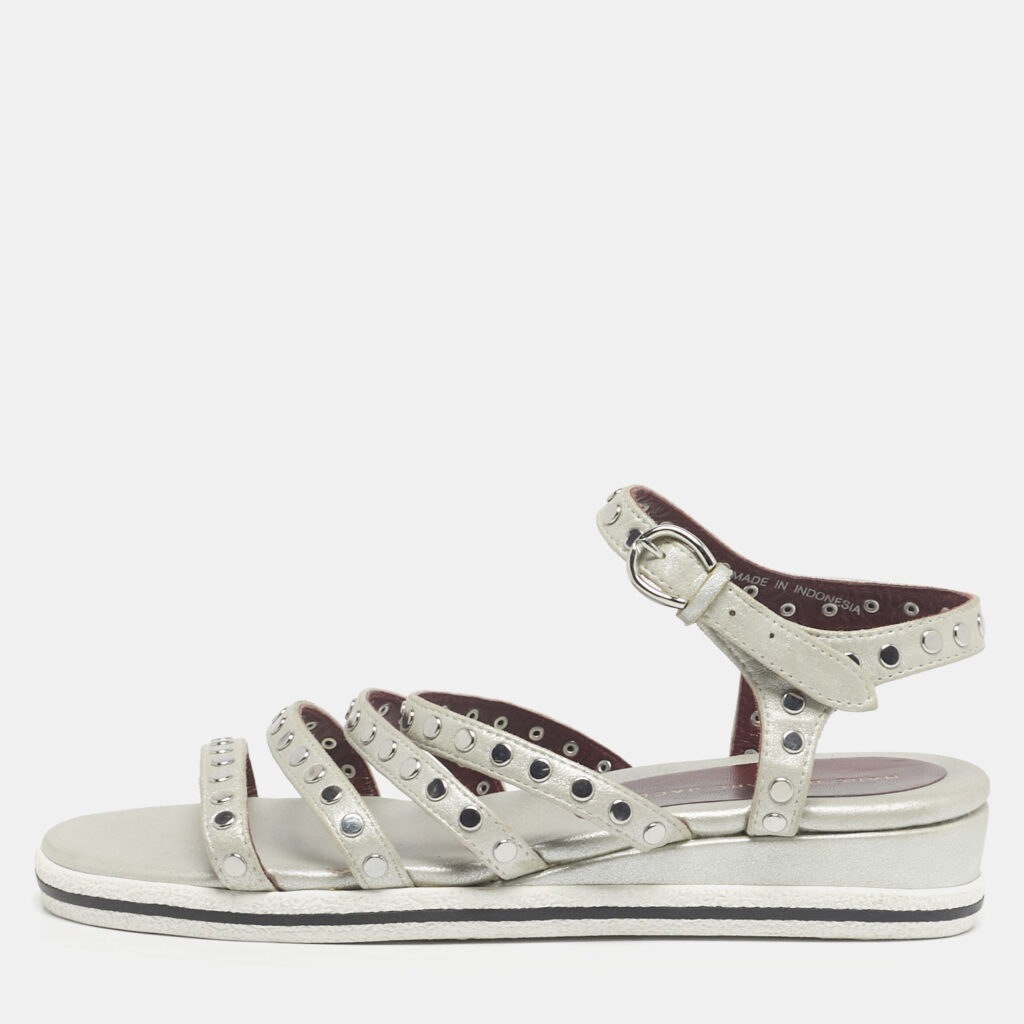 Marc by Marc Jacobs Silver Leather Gena Studded Ankle Strap Flat Sandals Size 36.5