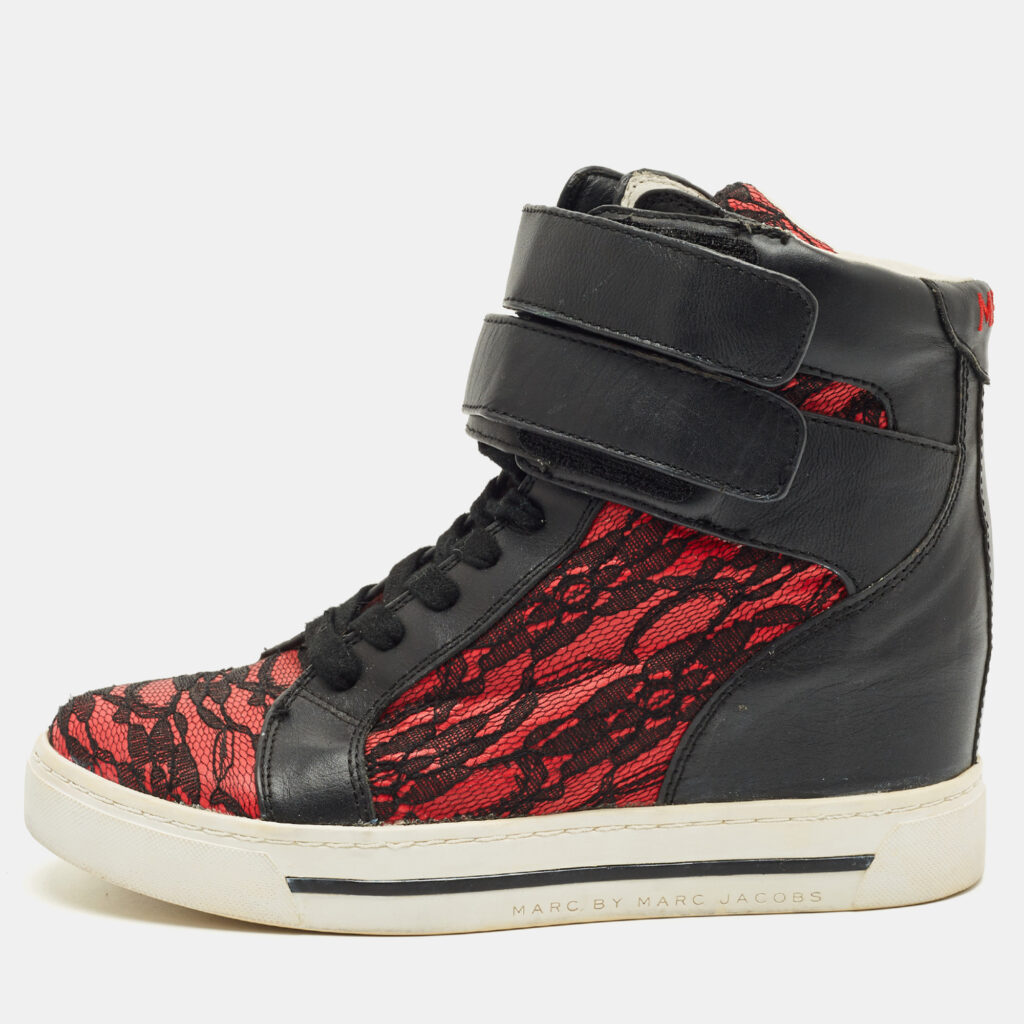 Marc by Marc Jacobs Black/Red Lace and Leather High Top Sneakers Size 36 Marc by Marc Jacobs Black/Red Lace and Leather High Top Sneakers Size 36