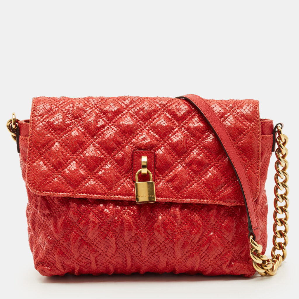 Marc Jacobs Red Quilted Snake Embossed Leather Flap Padlock Shoulder Bag Marc Jacobs Red Quilted Snake Embossed Leather Flap Padlock Shoulder Bag