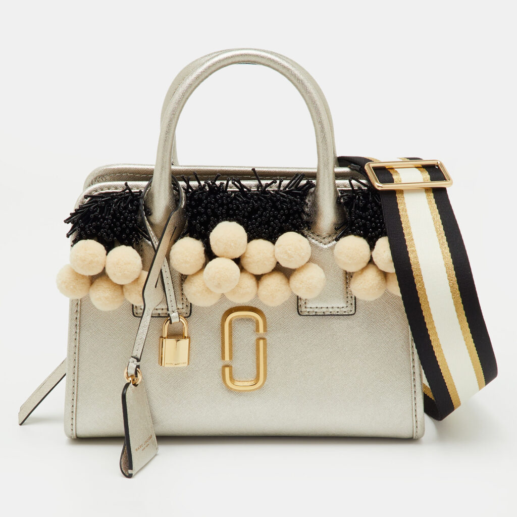 Marc Jacobs Metallic Light Gold Leather Beads and Pom Pom Little Big Shot Bag