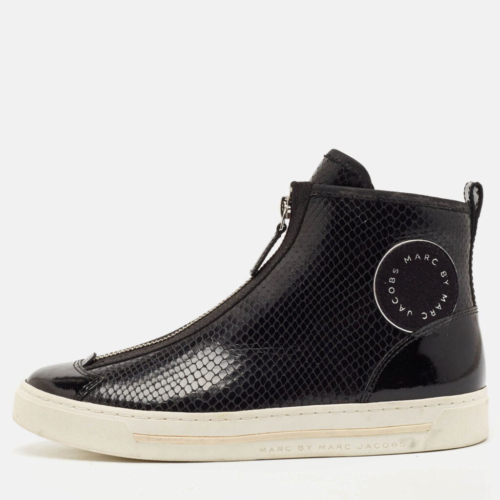 Marc Jacobs Black Patent Leather and Snakeskin Embossed Leather High Top Sneakers Size 37