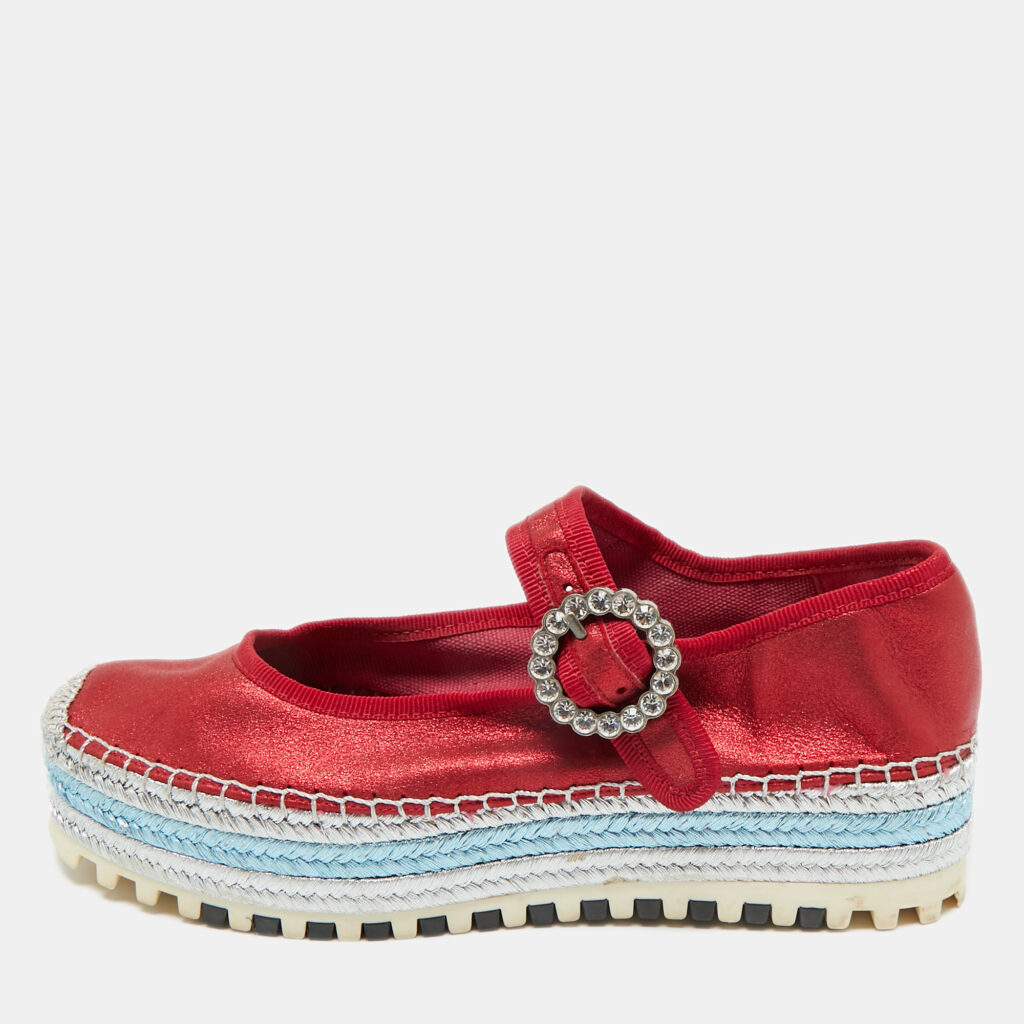 luxury-women-marc-jacobs-used-shoes-p1219484-001-1.jpg Marc Jacobs Metallic Red Nubuck Suzi Crystal Embellished Brooch Mary Jane Espadrille Platforms Side 37