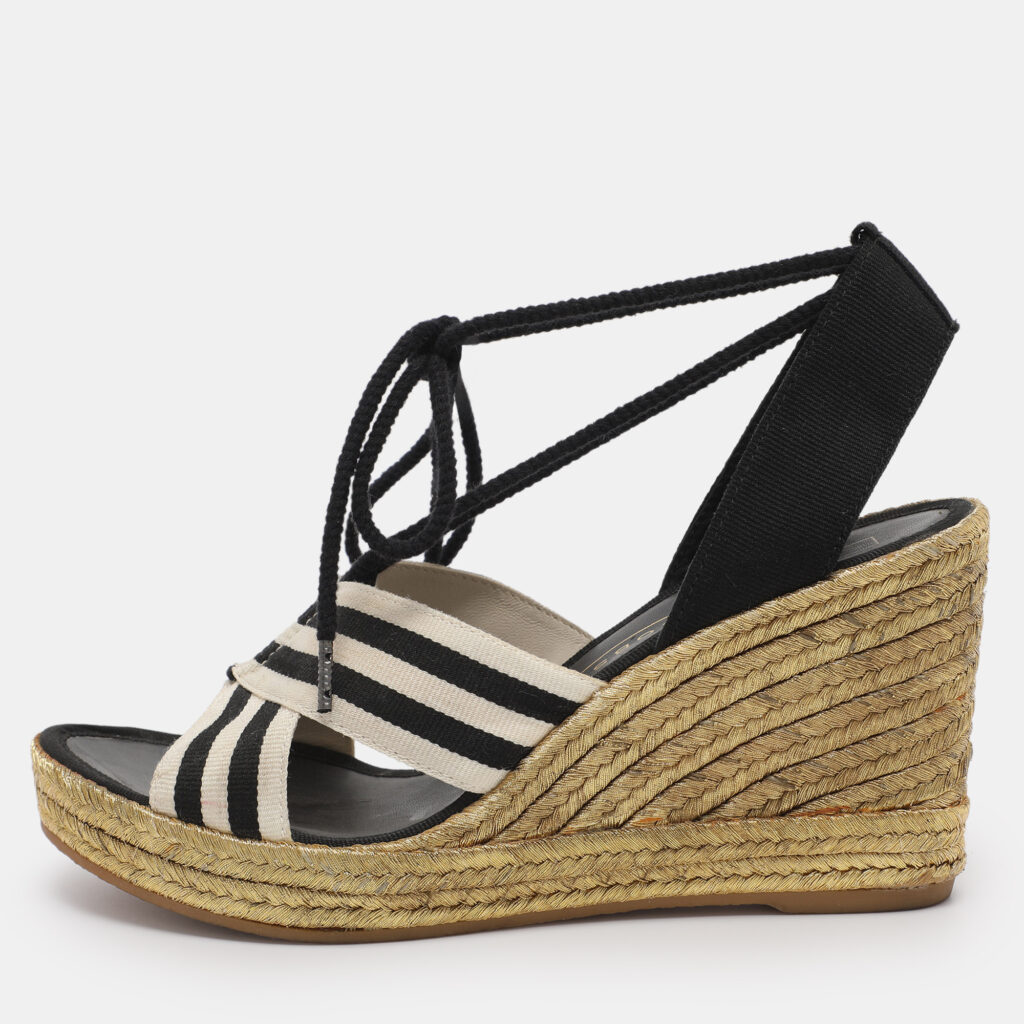 Marc Jacobs Black/White Stripe Canvas Dani Wedge Espadrilles Size 37