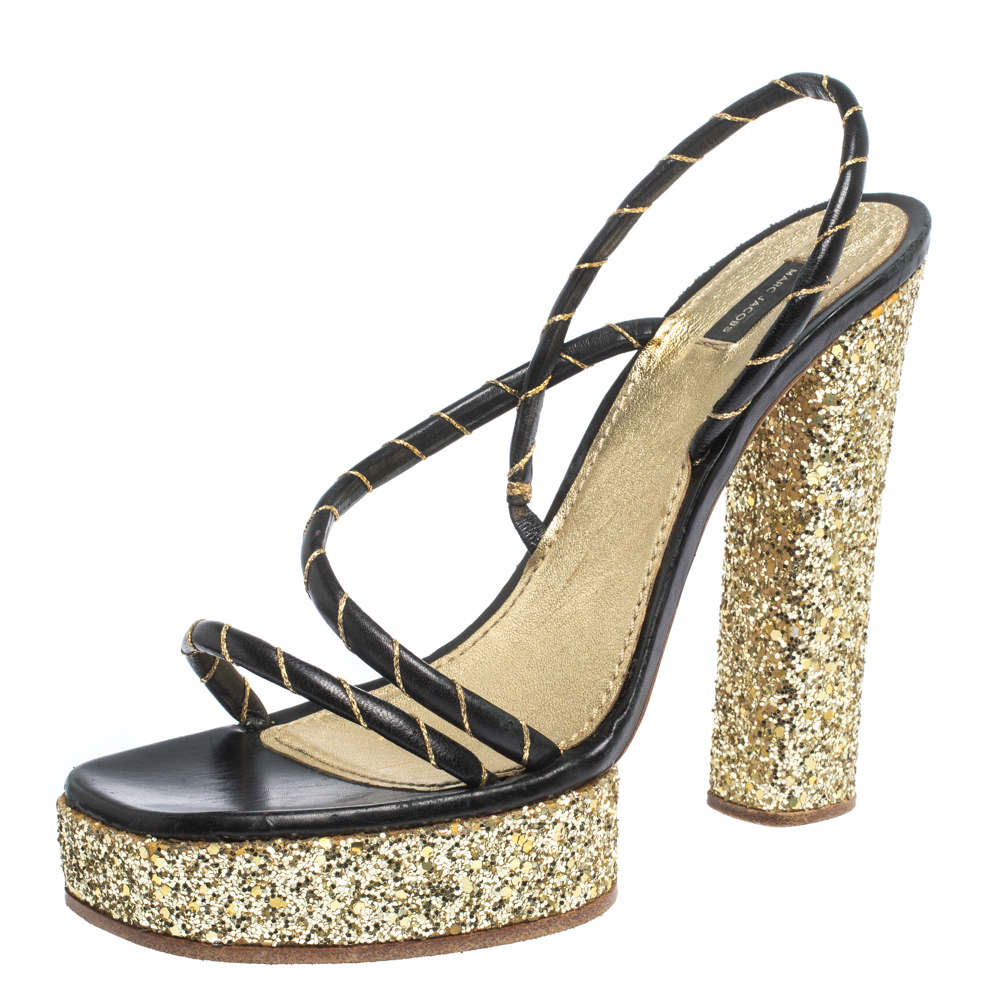 Marc Jacobs Black/Gold Leather And Glitter Fabric Slingback Platform Sandals Size 40 Marc Jacobs Black/Gold Leather And Glitter Fabric Slingback Platform Sandals Size 40