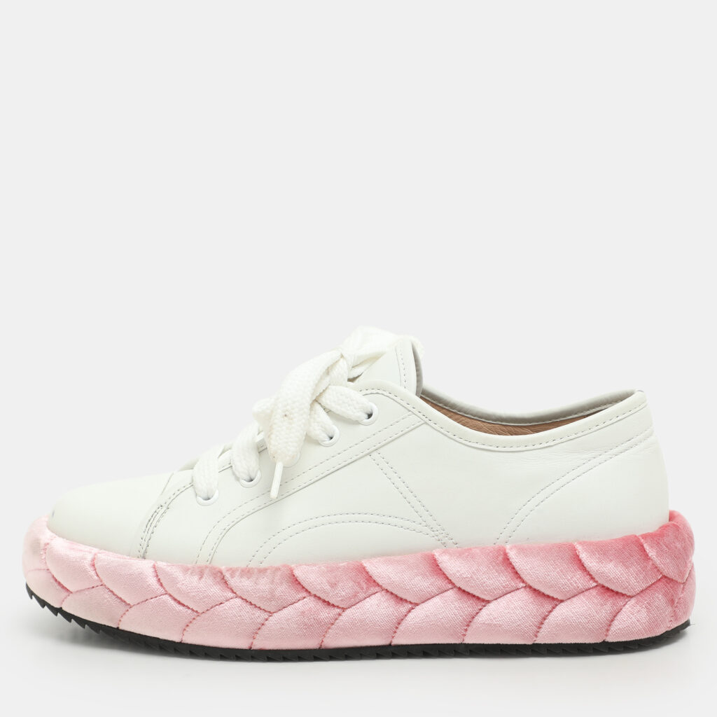 Marco De Vincenzo White/Pink Leather and Velvet Rope Sneakers Size 39.5