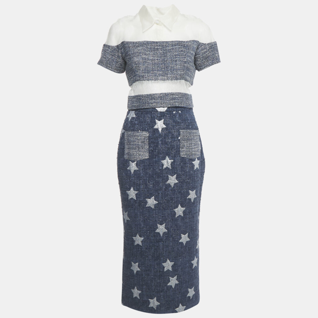Marina Qureshi Blue Jacquard Tweed Top and Skirt Set S Marina Qureshi Blue Jacquard Tweed Top and Skirt Set S