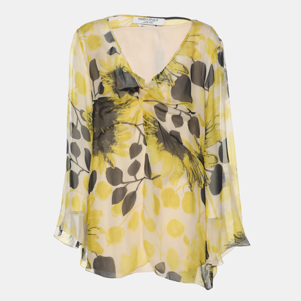 Marina Rinaldi Yello/Black Sunflower Print Chiffon Blouse L Marina Rinaldi Yello/Black Sunflower Print Chiffon Blouse L