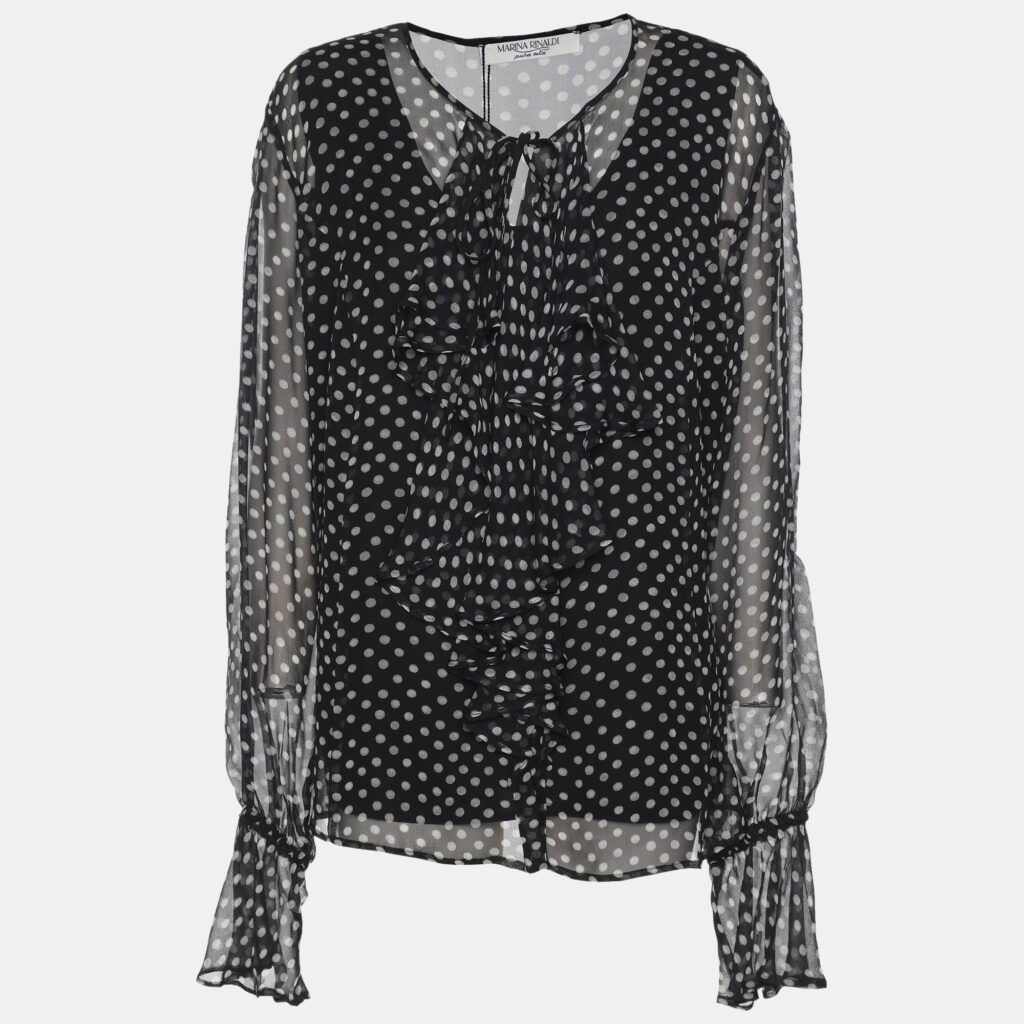 Marina Rinaldi Dark Grey Polk Dots Print Chiffon Ruffle Neck Tops L Marina Rinaldi Dark Grey Polk Dots Print Chiffon Ruffle Neck Tops L