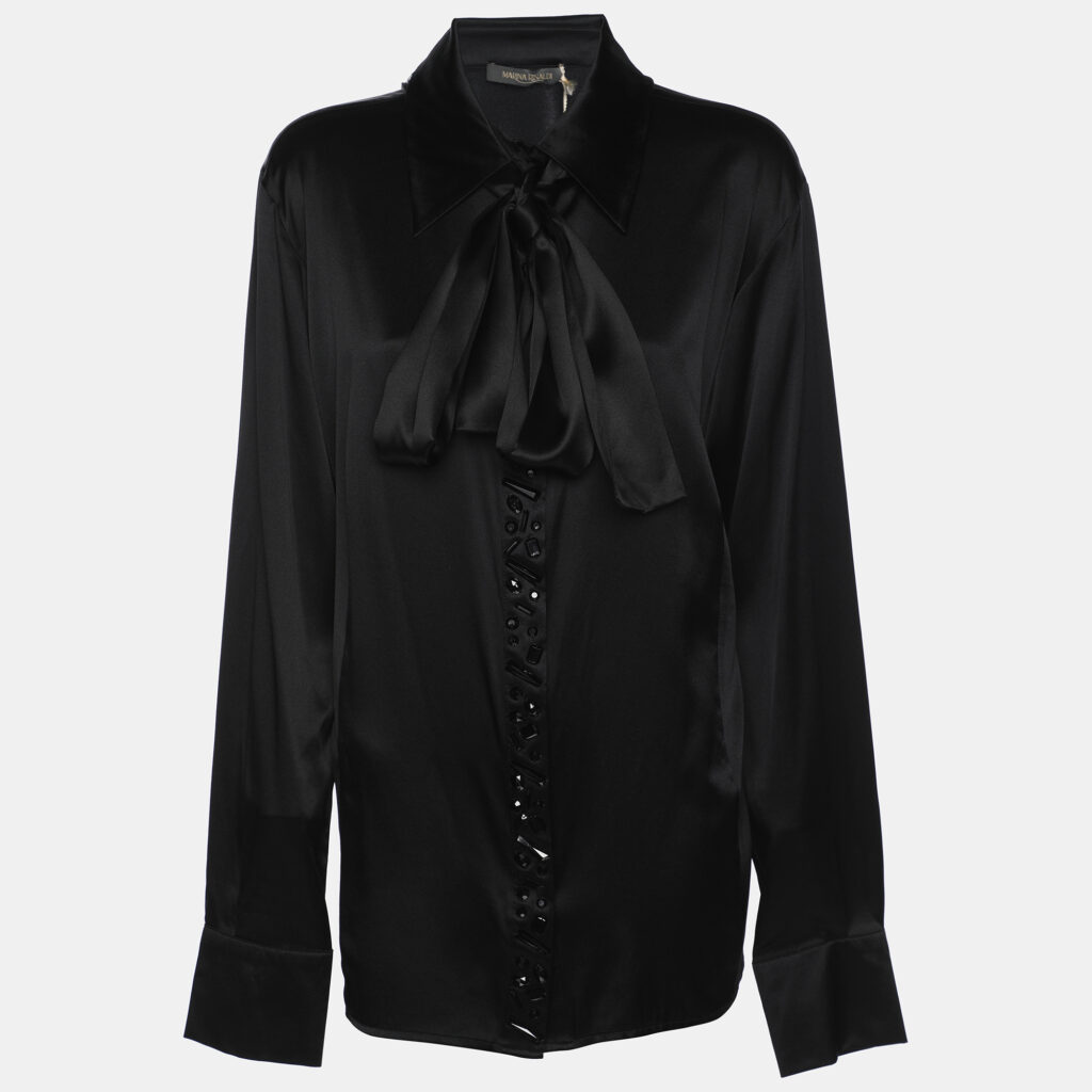 Marina Rinaldi Black Stretch Silk Crystal Embellished Long Sleeve Scarf Neck Shirt L Marina Rinaldi Black Stretch Silk Crystal Embellished Long Sleeve Scarf Neck Shirt L