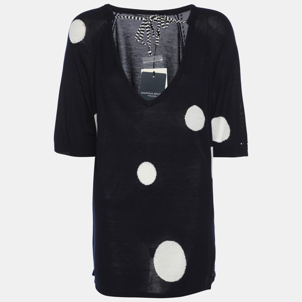 Marina Sport by Marin Rinaldi Navy Blue/White Stretch Knit Polka Dot V Neck Sweater L Marina Sport by Marin Rinaldi Navy Blue/White Stretch Knit Polka Dot V Neck Sweater L