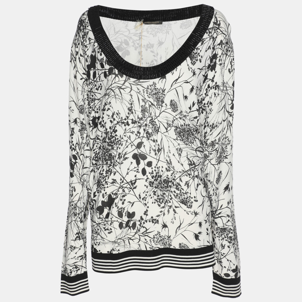 Marina Rinaldi White/Black Printed Knit Embellished Neck Top XL Marina Rinaldi White/Black Printed Knit Embellished Neck Top XL
