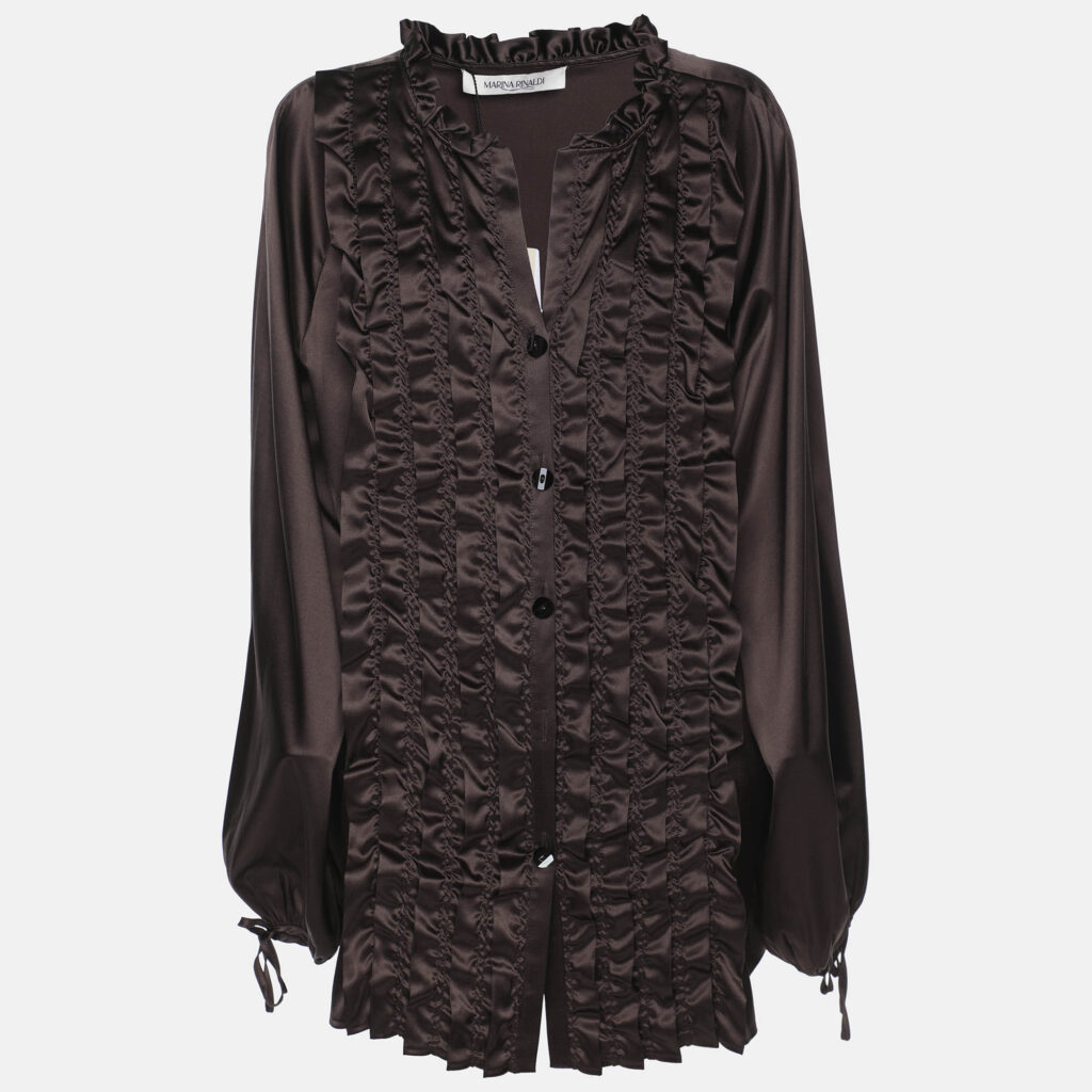 Marina Rinaldi Dark Brown Stretch Satin Ruffle Front Shirt L Marina Rinaldi Dark Brown Stretch Satin Ruffle Front Shirt L