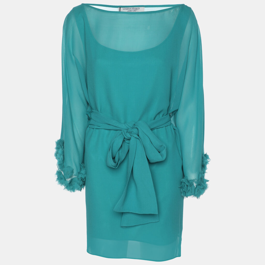 Marina Rinaldi Teal Silk Floral Applique Belted Top L