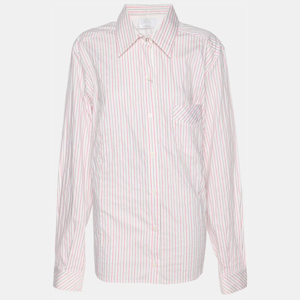 Voyage by Marina Rinaldi Pink/White Stripe Cotton Blend Removable Collar Long Sleeve Shirt L