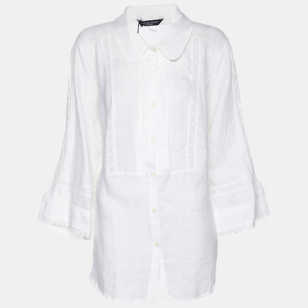 Marina Sport by Marina Rinaldi White Line Embroidered Button Front Shirt L