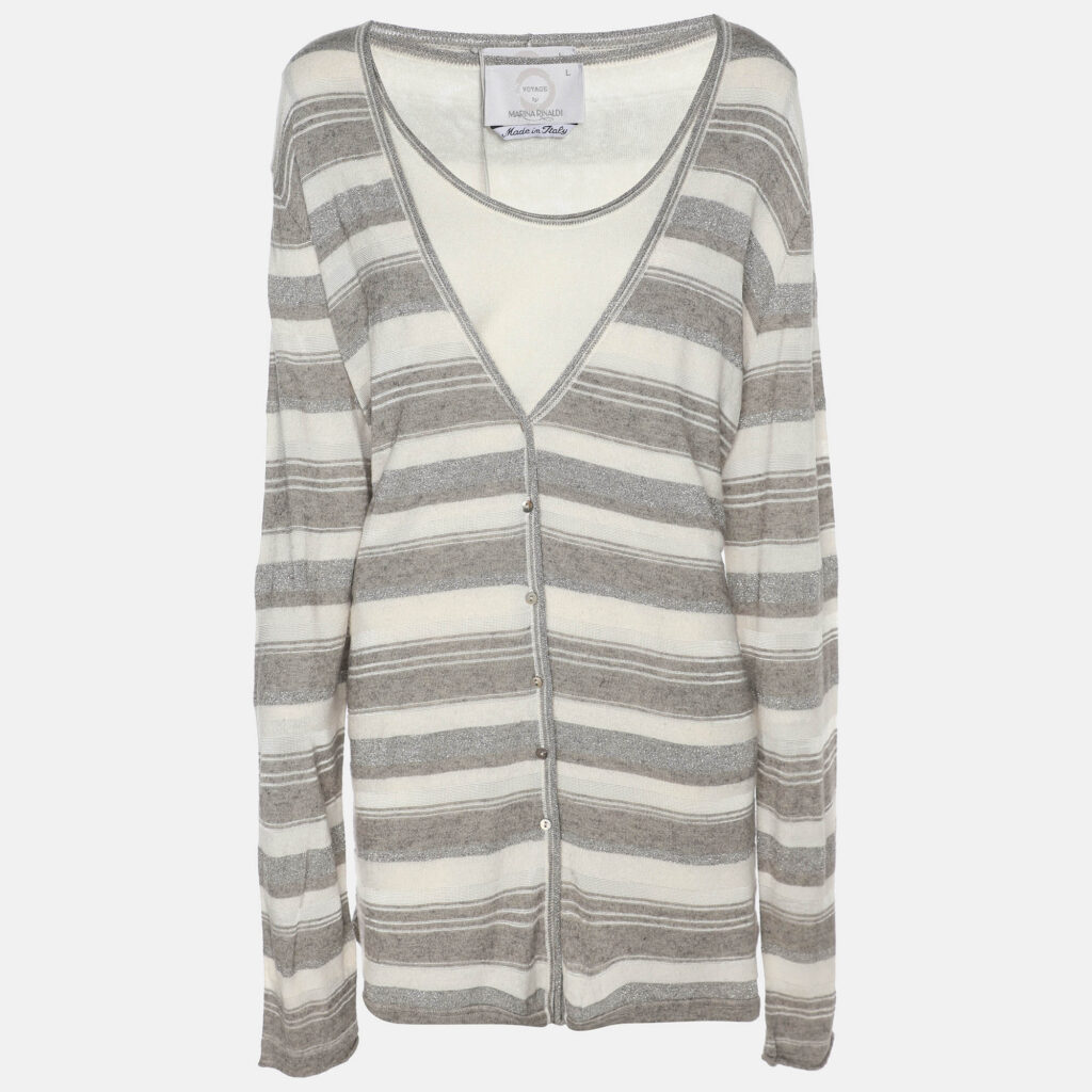 luxury-women-marina-rinaldi-new-clothes-p1186100-001.jpg Voyage by Marina Rinaldi Grey/Off White Stripe Stretch Knit Cardigan Set L