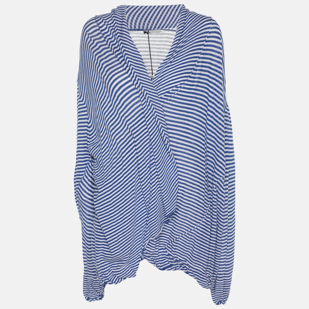 Marina Rinaldi Blue Stripe Stretch Knit Cardigan L Marina Rinaldi Blue Stripe Stretch Knit Cardigan L