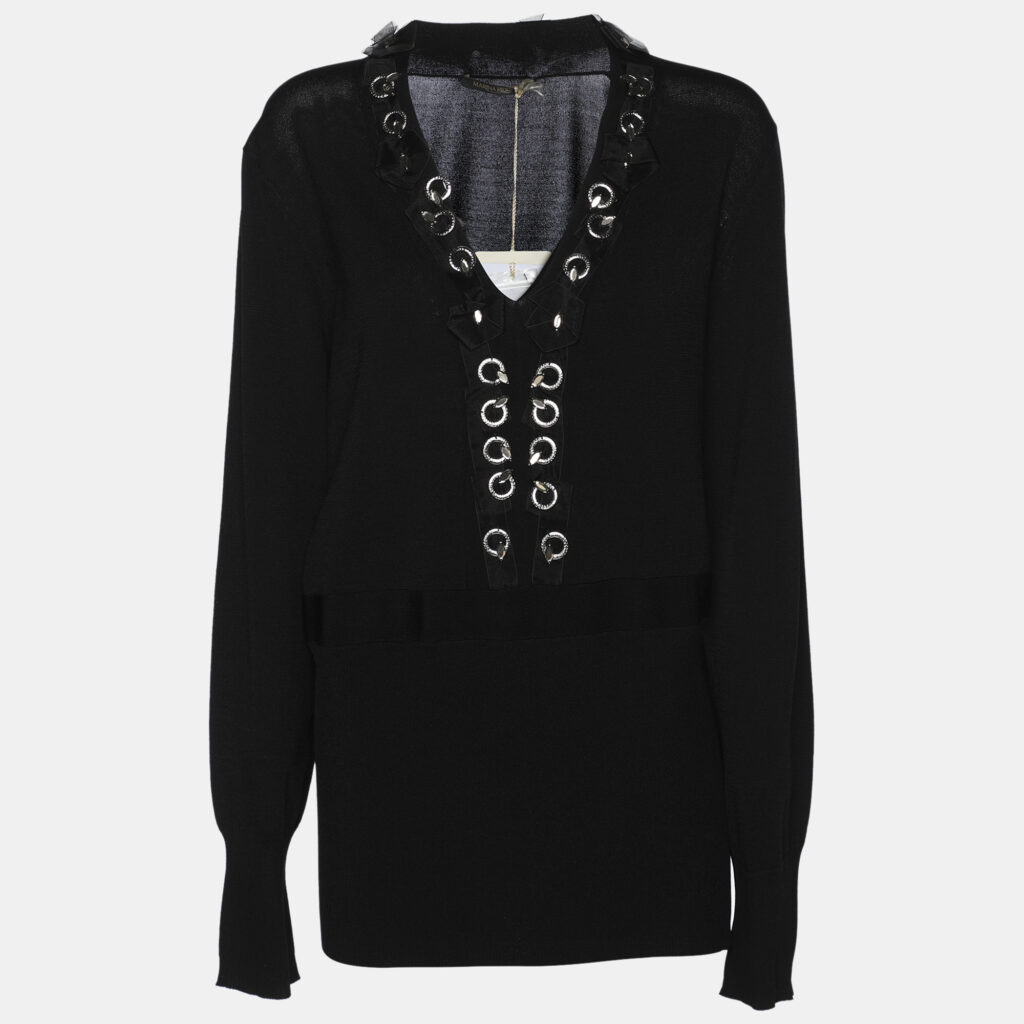 Marina Rinaldi Black Stretch Knit Embellished Long Sleeve Blouse L Marina Rinaldi Black Stretch Knit Embellished Long Sleeve Blouse L