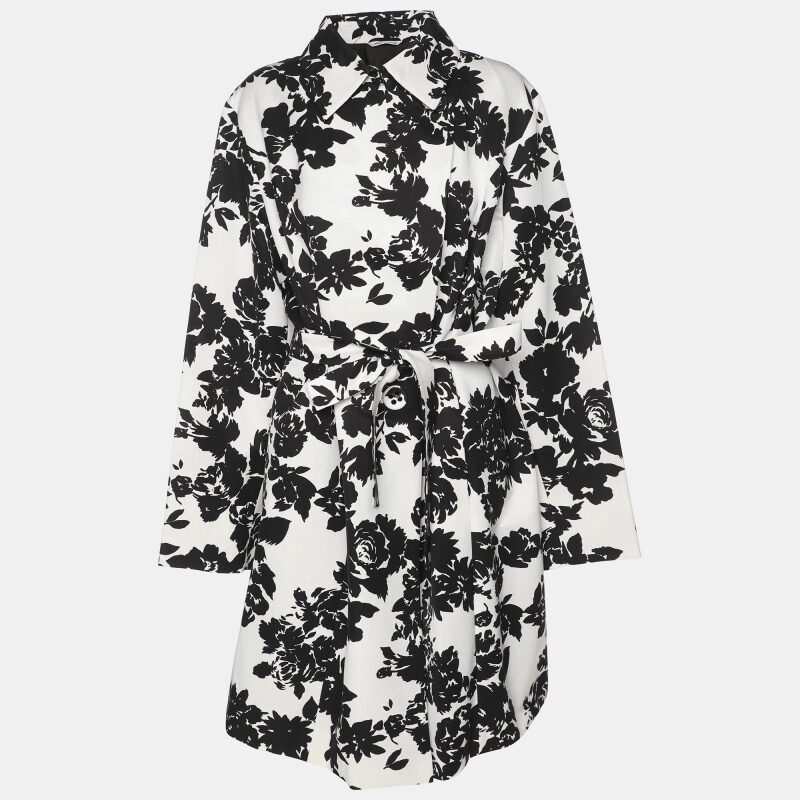 Marina Rinaldi White/Black Printed Cotton Blend Belted Overcoat L Marina Rinaldi White/Black Printed Cotton Blend Belted Overcoat L