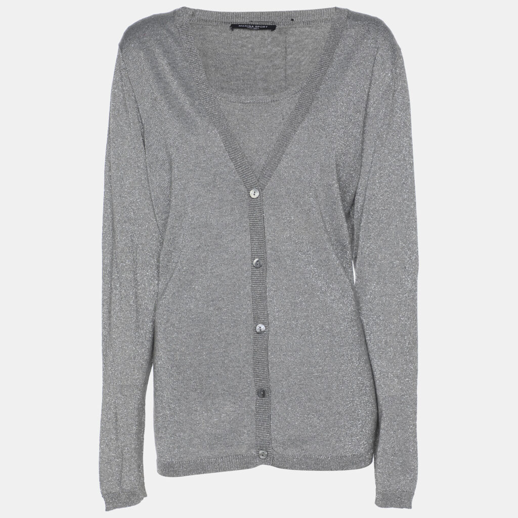 Marina Sport by Marina Rinaldi Grey/Silver Lurex Knit Button Front Sweater L Marina Sport by Marina Rinaldi Grey/Silver Lurex Knit Button Front Sweater L