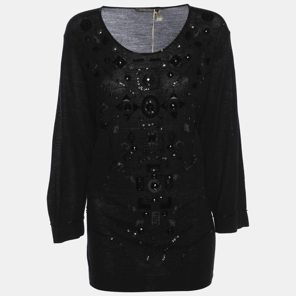 luxury-women-marina-rinaldi-new-clothes-p1186277-002-1.jpg Marina Rinaldi Black Stretch Wool Embellished Sweater L