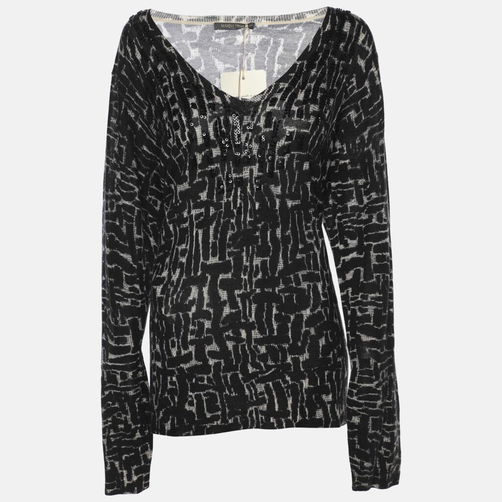 luxury-women-marina-rinaldi-new-clothes-p1186390-002-1.jpg Marina Rinaldi Black/Off White Stretch Knit Scoop Neck Sweater L