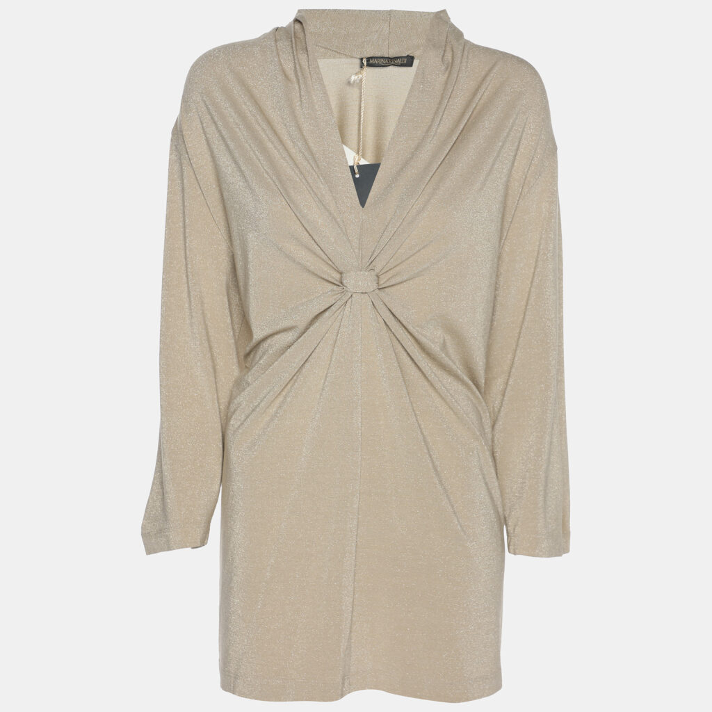 luxury-women-marina-rinaldi-new-clothes-p1186454-002-1.jpg Marina Rinaldi Metallic Beige Lurex Knit Knot Front Shirt L