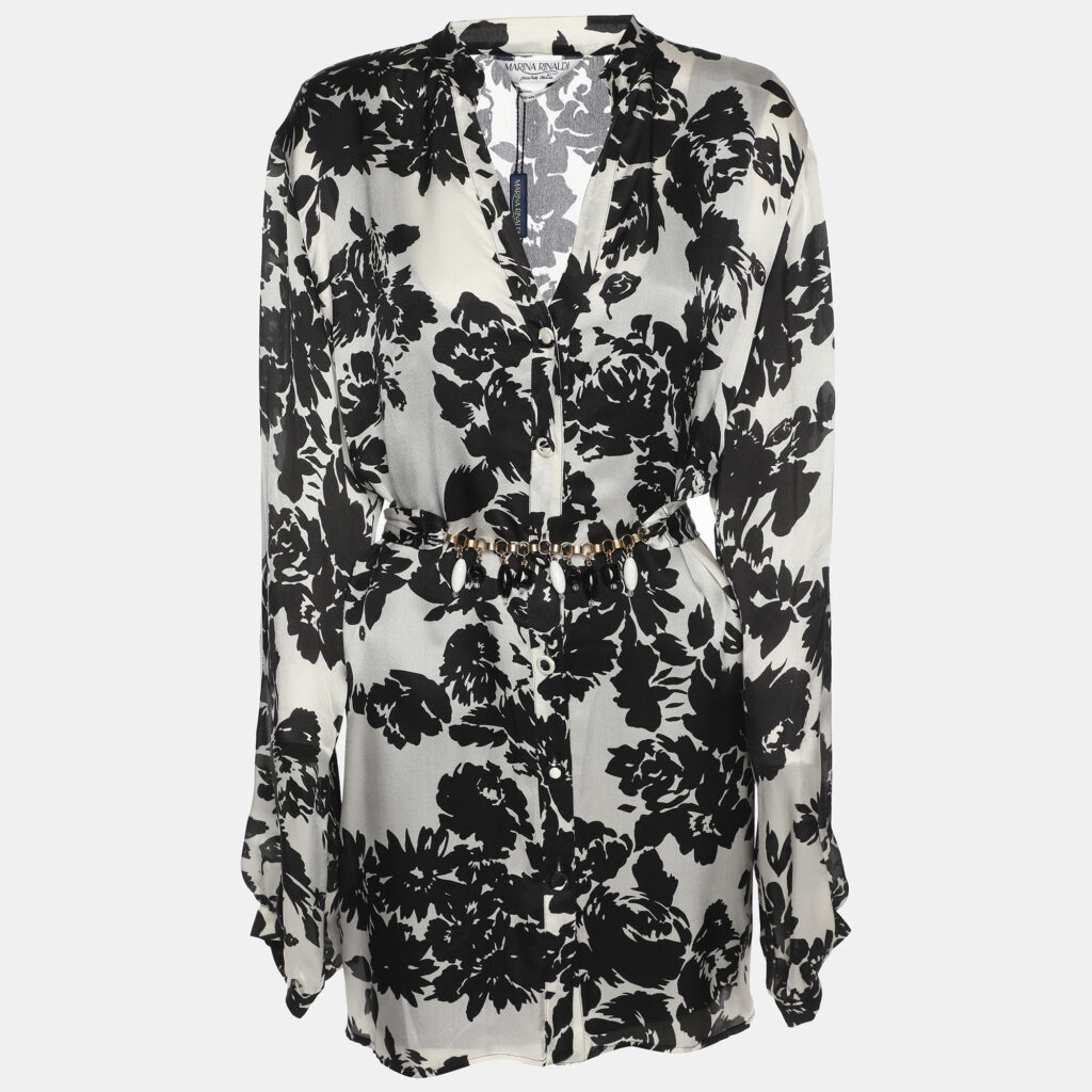 Marina Rinaldi White/Black Printed Chiffon Long Sleeve Shirt L