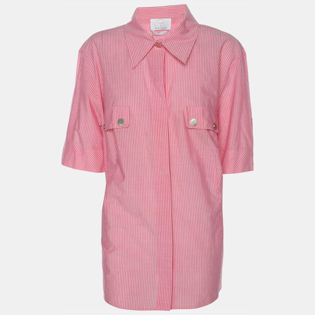 Marina Rinaldi Pink Striped Cotton Button Front Short Sleeve Shirt L Marina Rinaldi Pink Striped Cotton Button Front Short Sleeve Shirt L