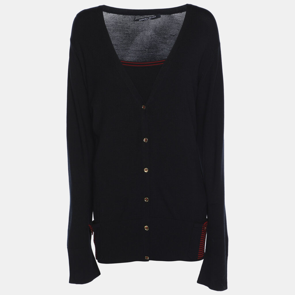 Marina Sport by Marina Rinaldi Navy Blue Stretch Knit Button Front Sweater L Marina Sport by Marina Rinaldi Navy Blue Stretch Knit Button Front Sweater L