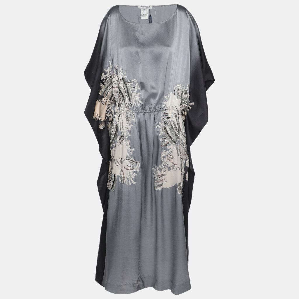 Marina Rinaldi Grey/Black Satin Ornate Print Embellished Sleeveless Midi Dress L