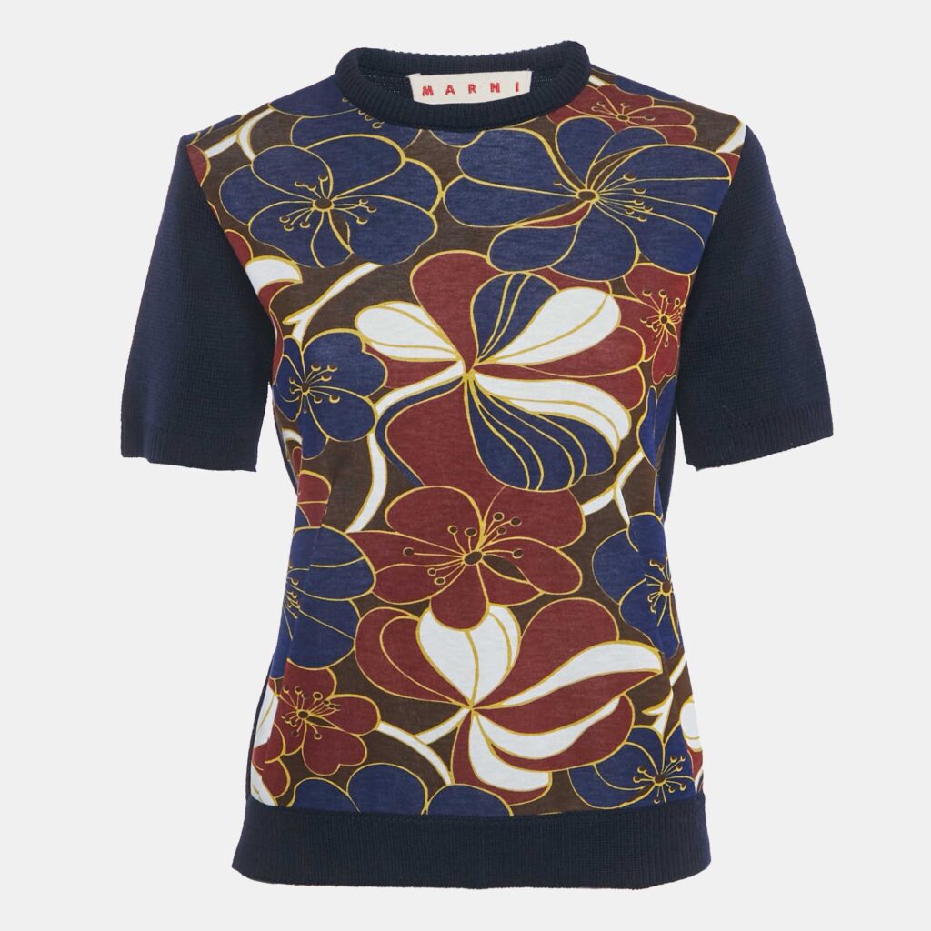 luxury-women-marni-used-clothes-p1186028-001-1.jpg Marni Navy Blue Floral Print Rib Knit and Jersey Sweatshirt S