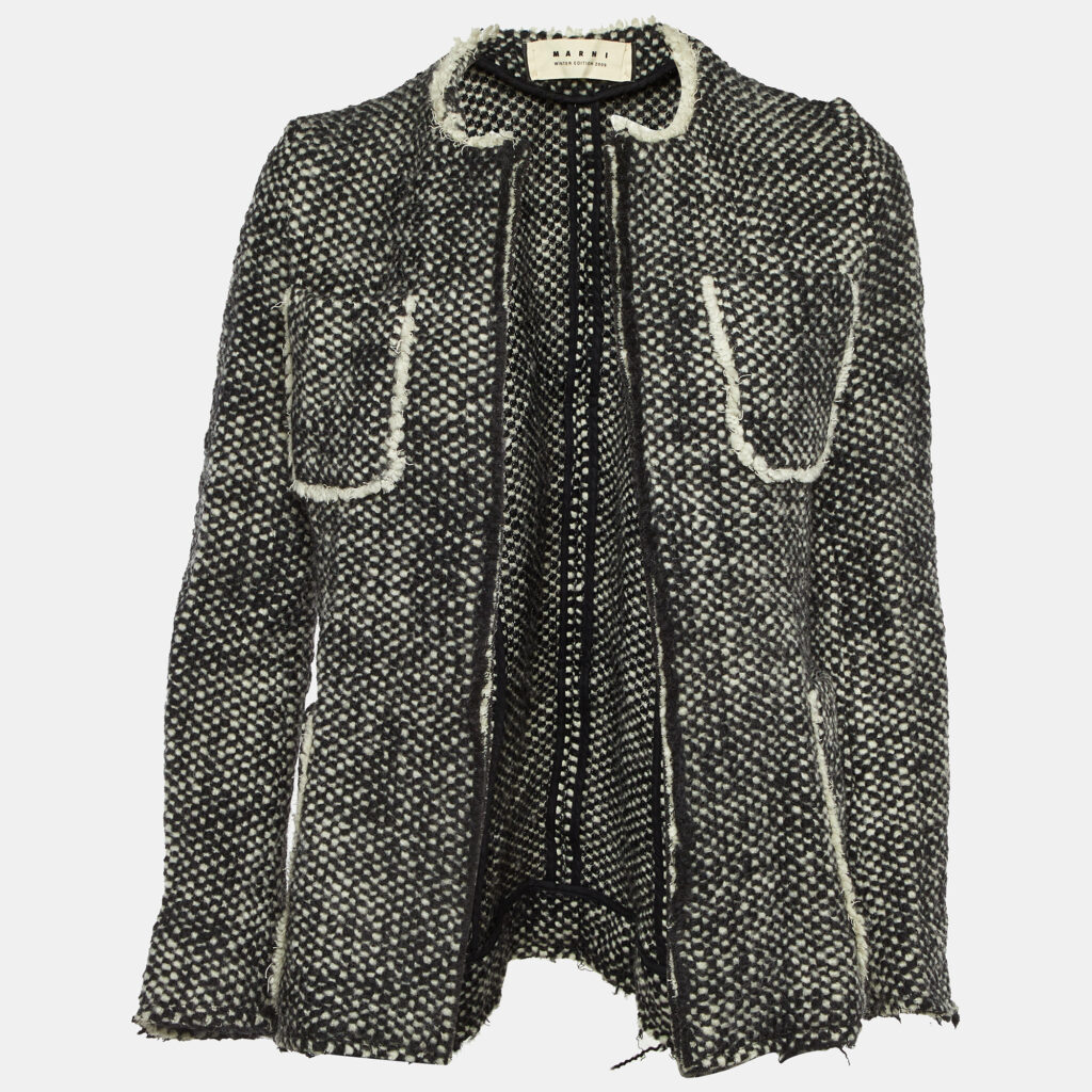 Marni Black/White Knitted Wool Pockets Open Front Jacket S