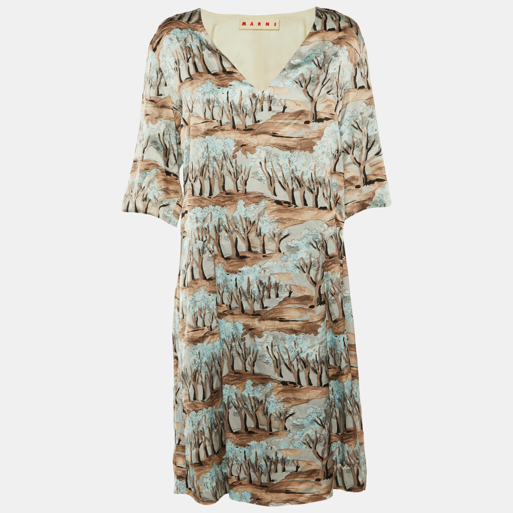 Marni Brown Printed Satin Pleated Shift Dress L Marni Brown Printed Satin Pleated Shift Dress L
