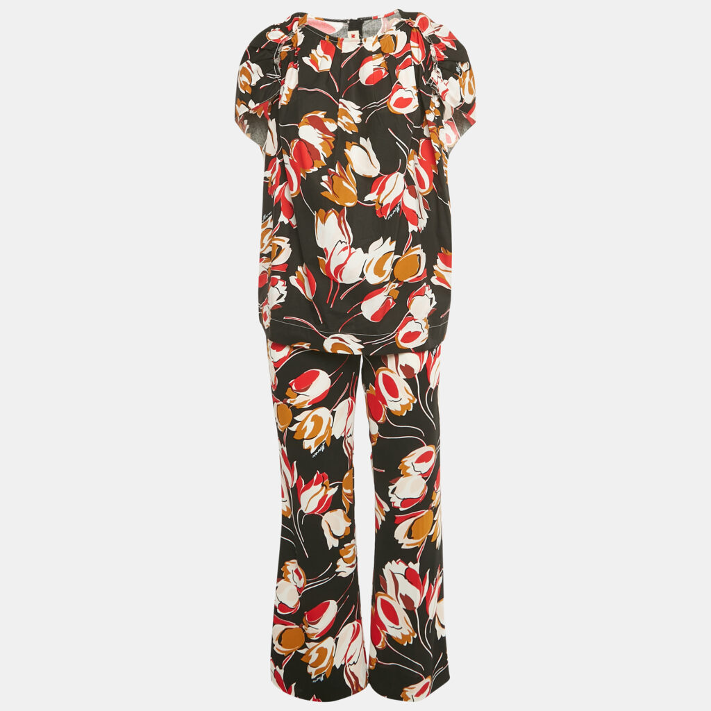 Marni Black Floral Print Cotton Top & Pants Set M/S