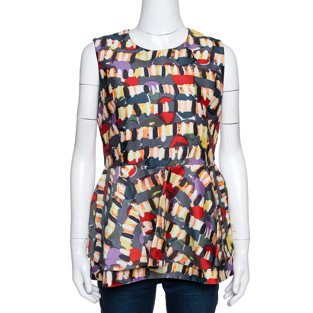 Marni Multicolour Abstract Printed Wool Blend Peplum Detail Sleeveless Top M Marni Multicolour Abstract Printed Wool Blend Peplum Detail Sleeveless Top M