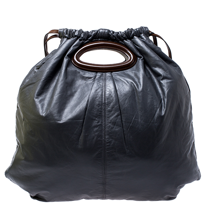 Marni Dark Grey Nappa Leather Drawstring Shoulder Bag Marni Dark Grey Nappa Leather Drawstring Shoulder Bag