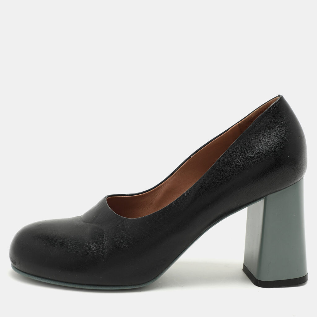 Marni Black Leather Round Toe Block Heel Pumps Size 39.5